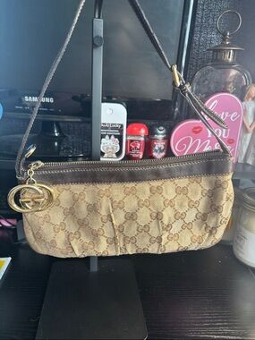 Gucci Beige Monogram Mini Shoulder Bag with Gold Double G Charm